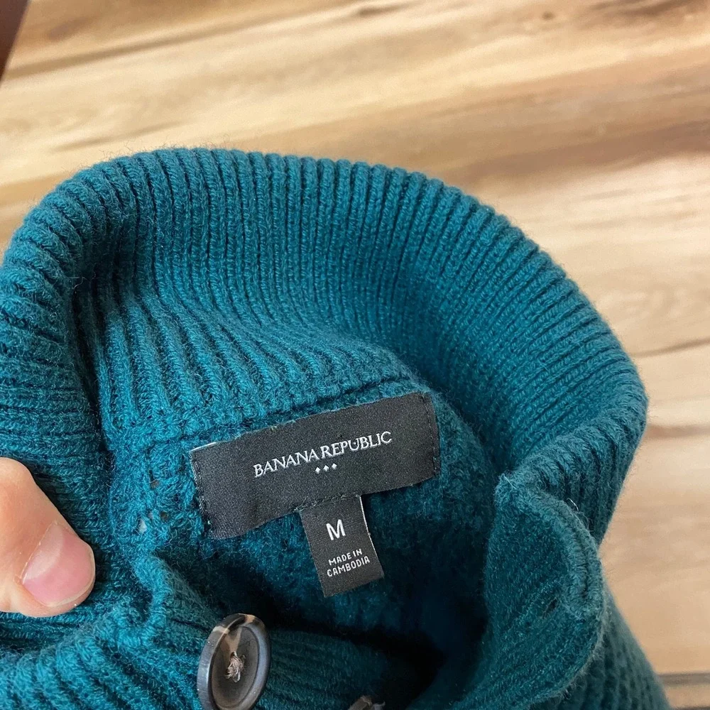 Banana Republic Sweater Mens Medium Green Waffle Knit Button‎ Mock Neck